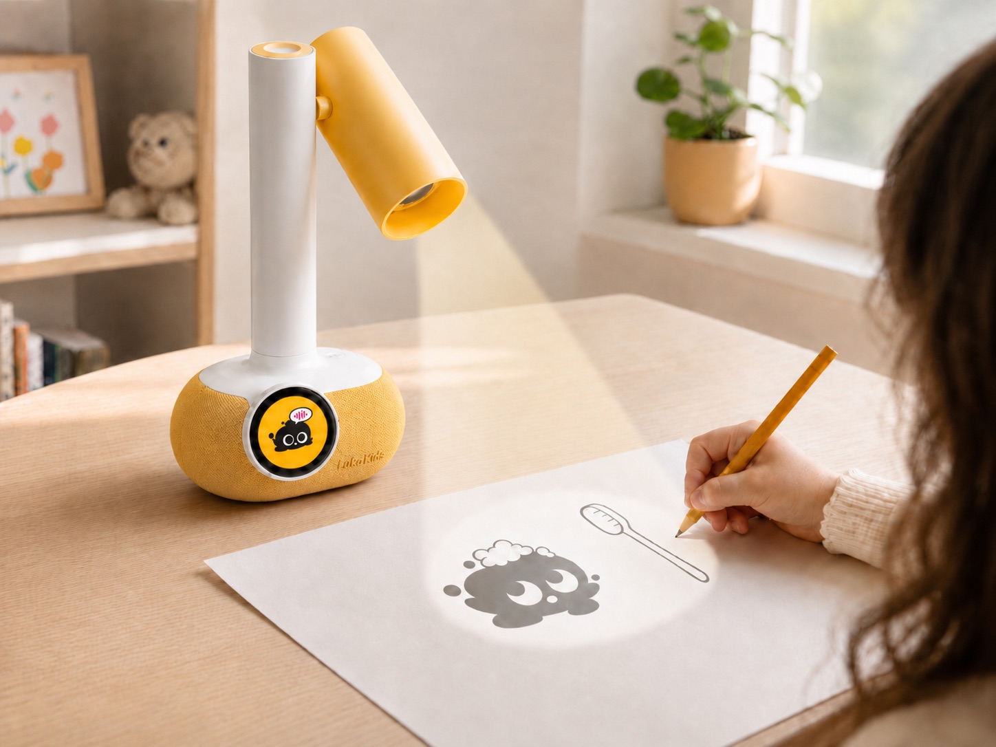 Luka Kids Drawing Projector projecting a drawing starter onto paper while a child traces it