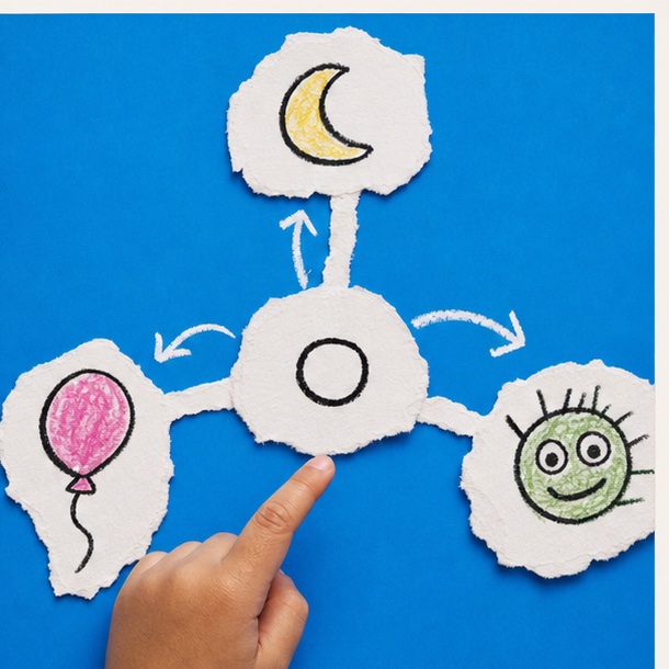 Child choosing between torn-paper drawings of a moon, a balloon and a smiling face