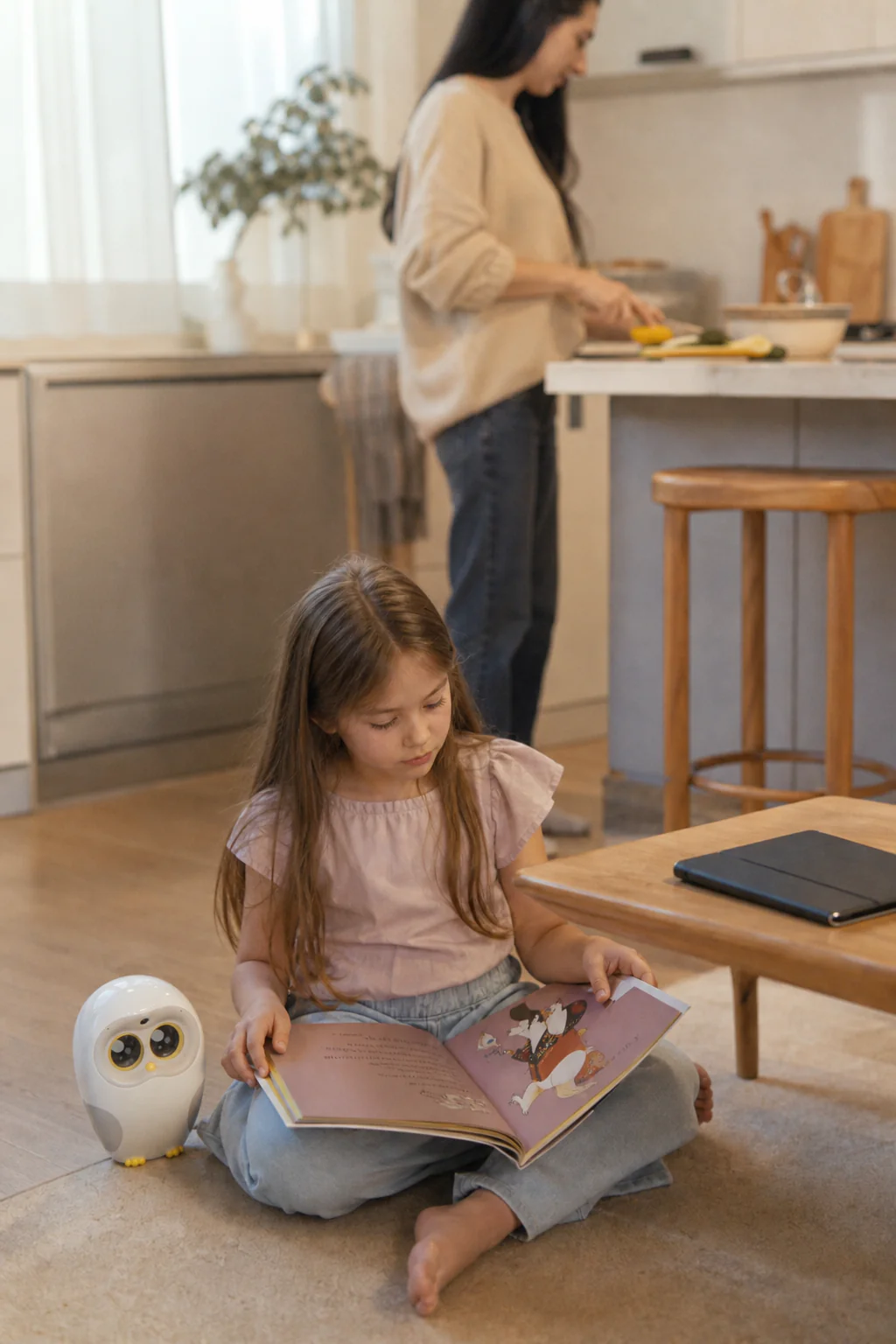 Child listening to Luka while parent cooks