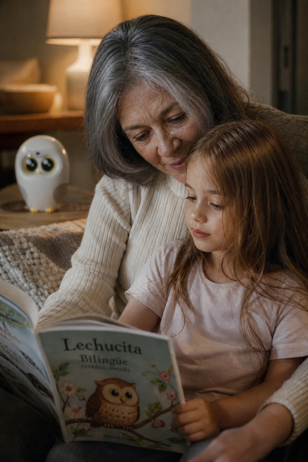 Family reading a picture book together in another language