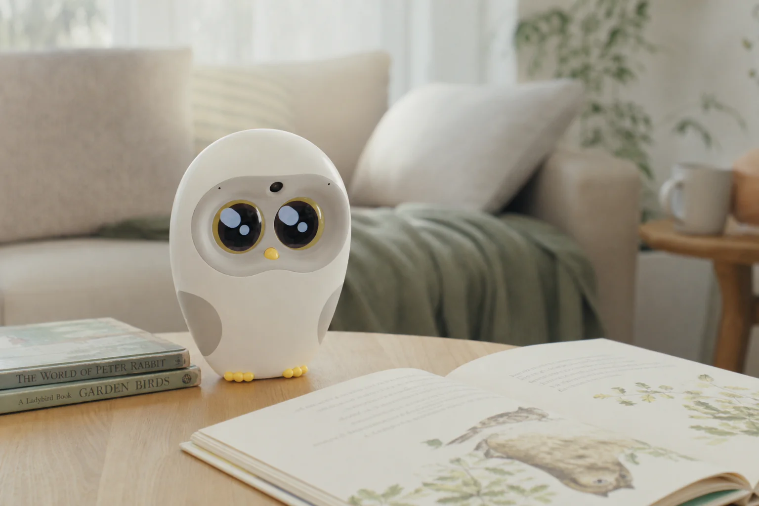 Luka the owl perched on an open picture book