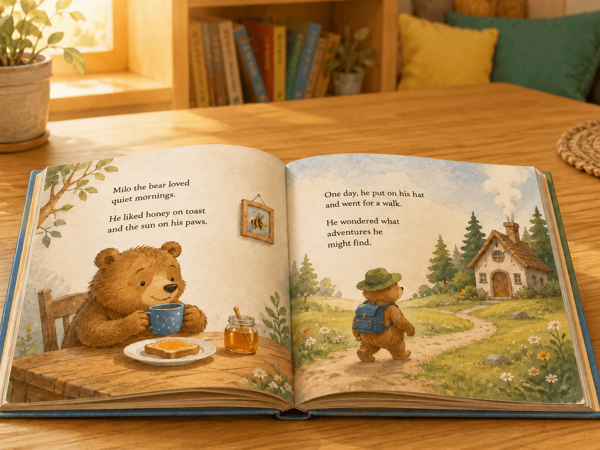 Open picture book on a wooden table