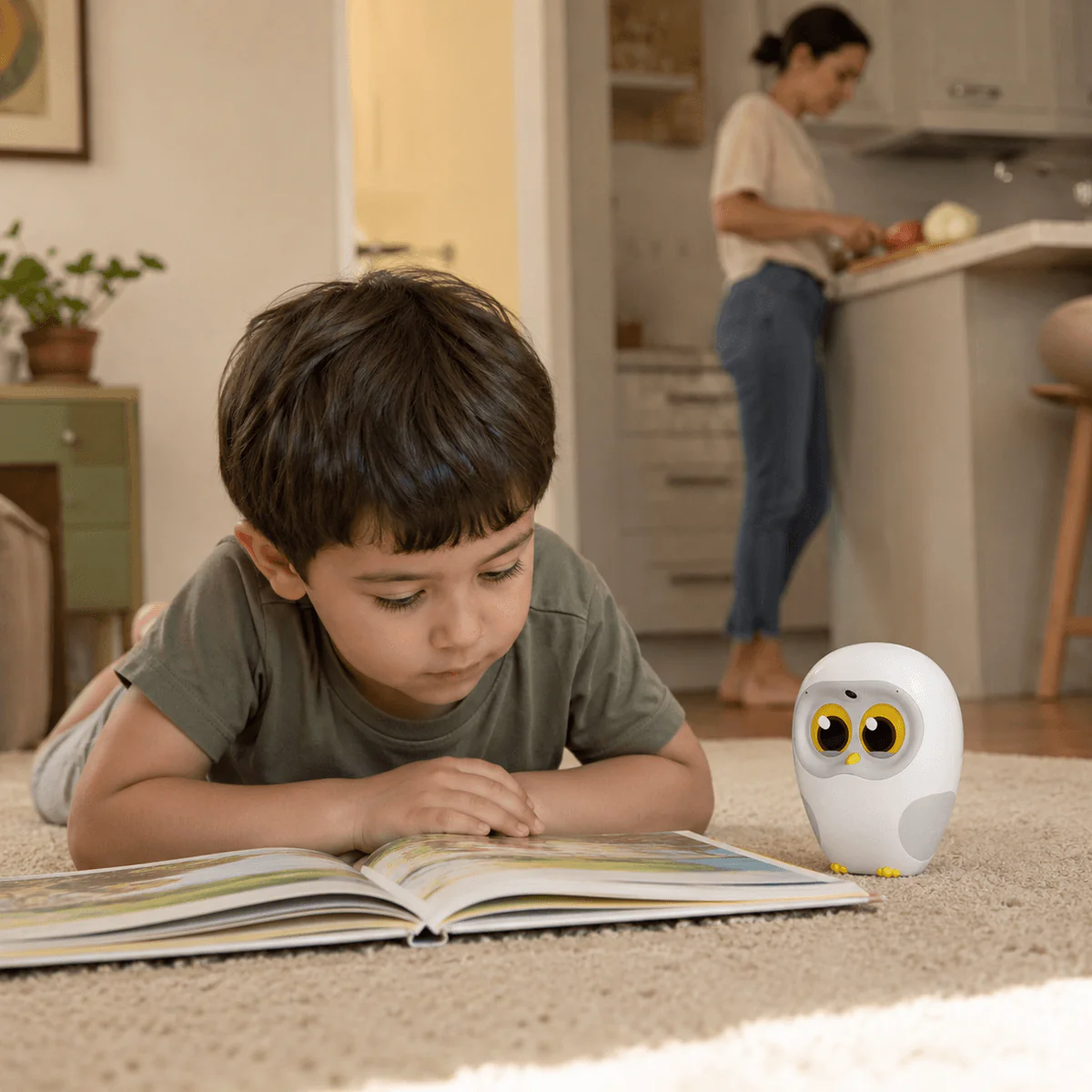 Sarah's son reading a book next to Luka on the living-room rug