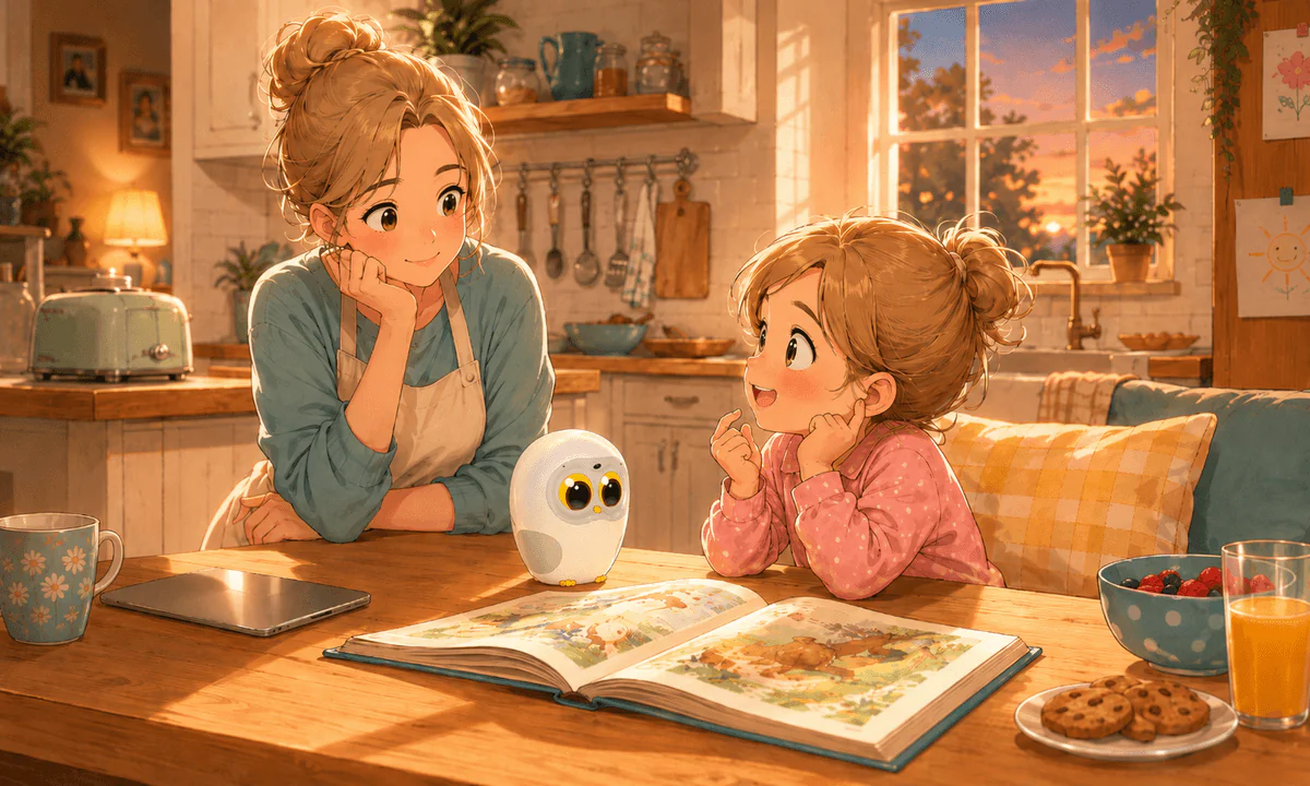 Child asking parent for the iPad with a book on the table