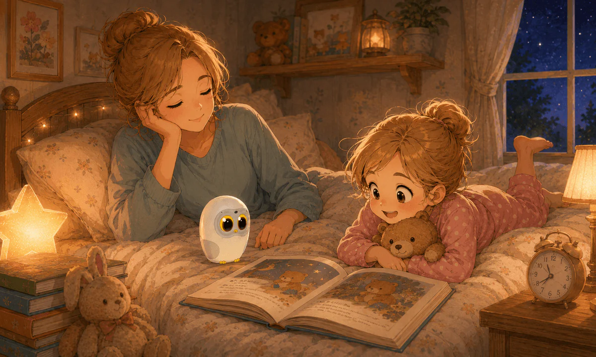 Tired parent with Luka taking over bedtime reading