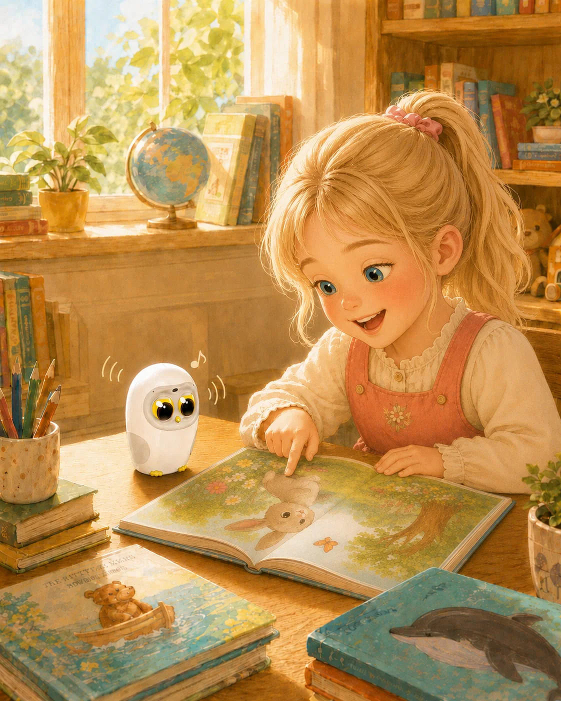 Child reading a picture book with Luka at a desk