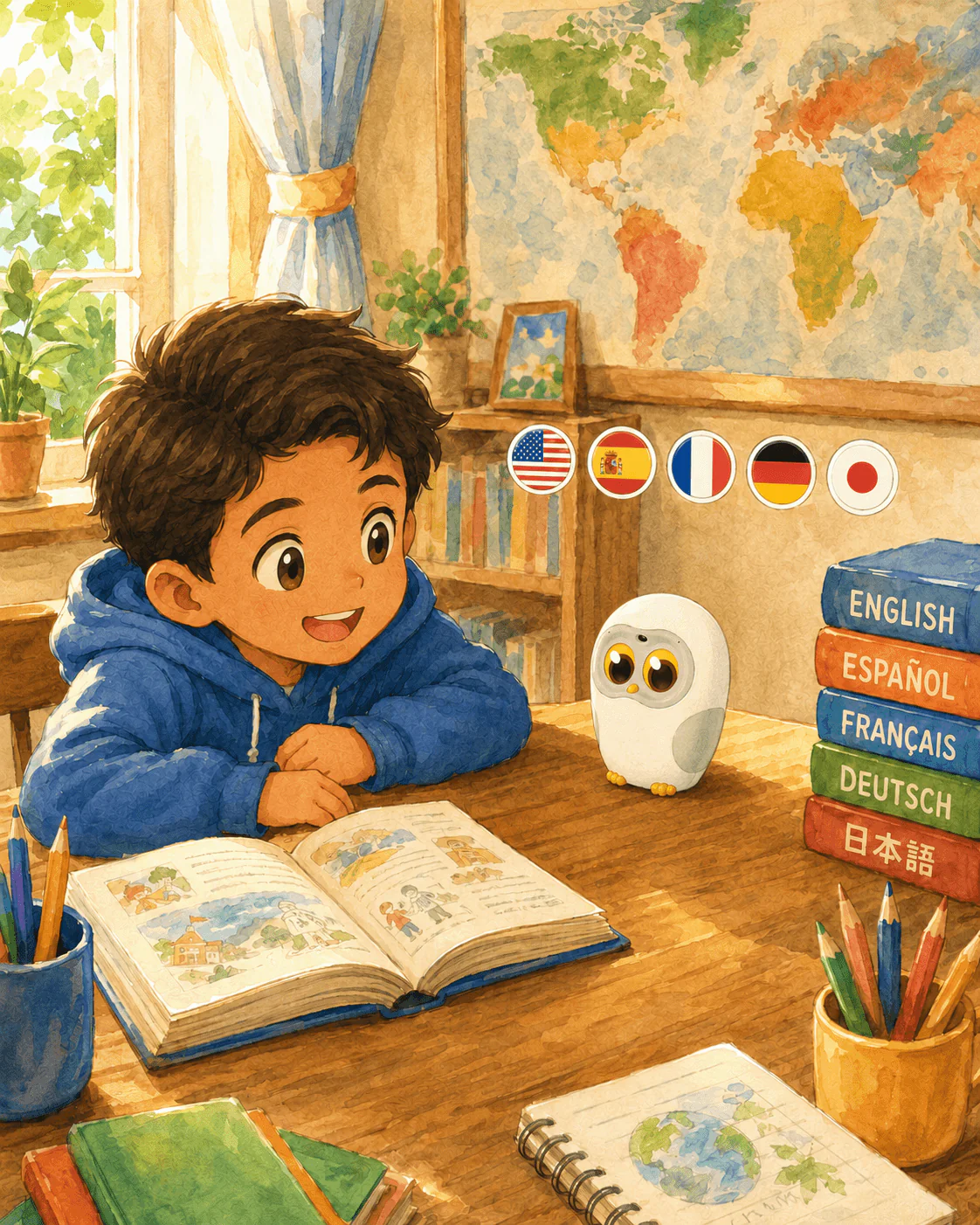 Luka reading aloud in multiple languages with flag chips and a world map