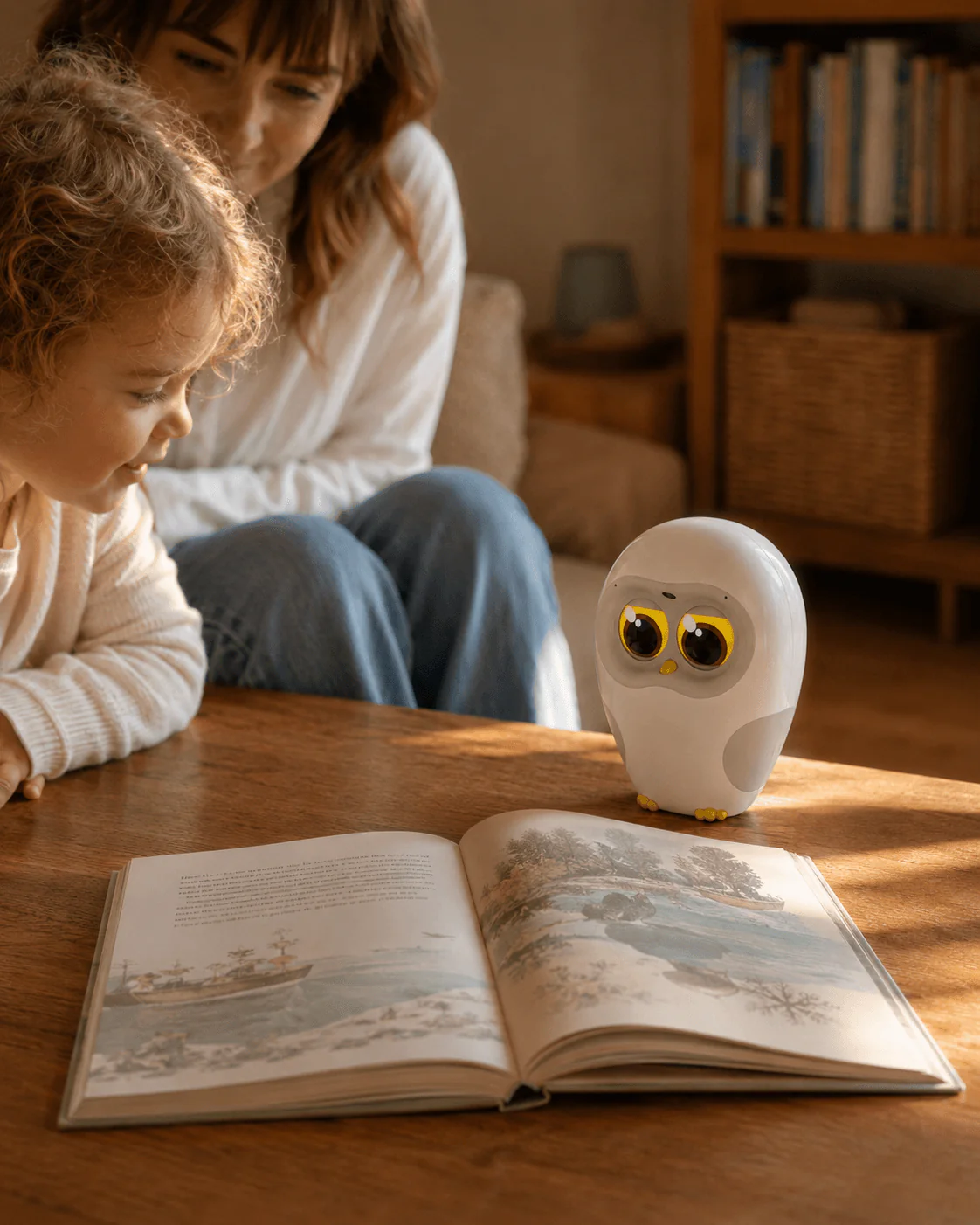 A child and parent reading a picture book with Luka at the table